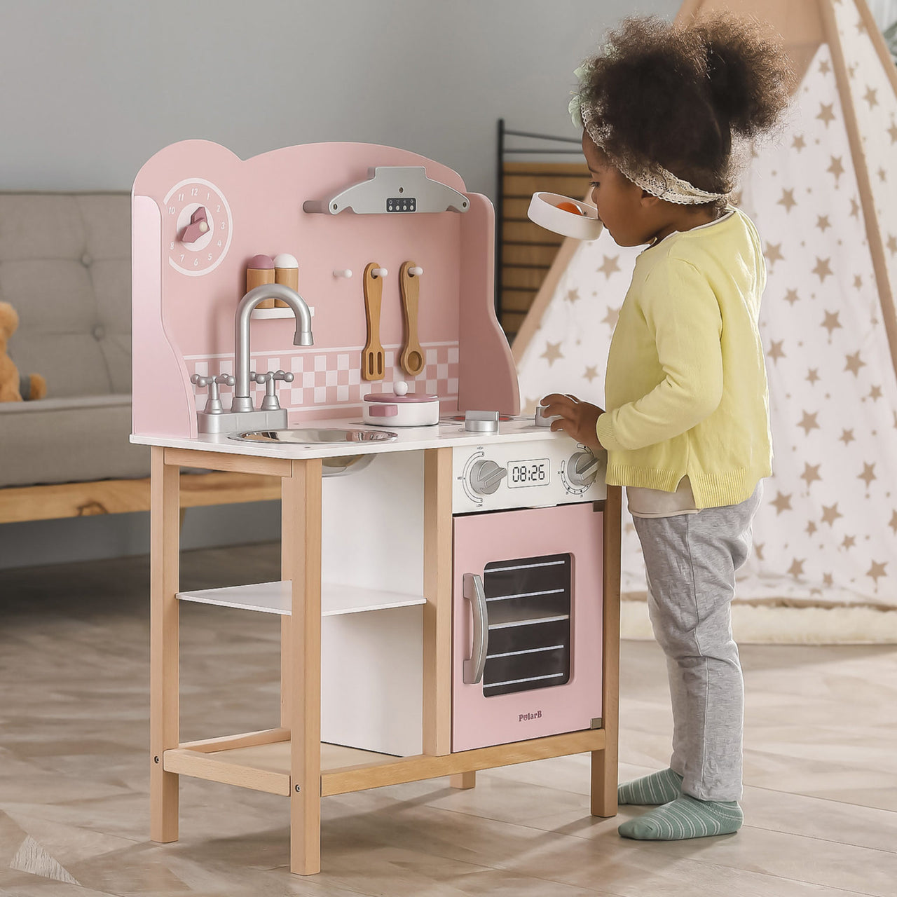 Pink Wooden Kitchen with Accessories