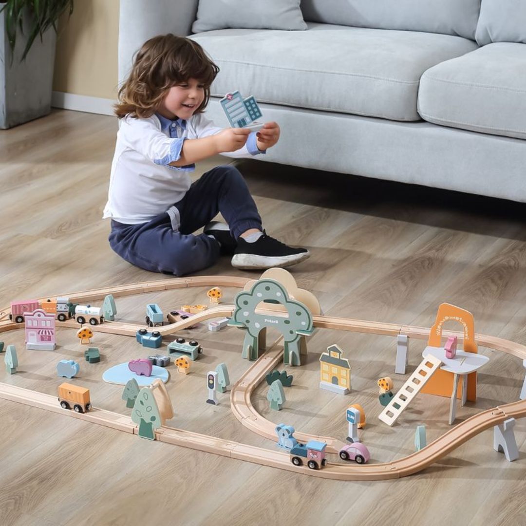 Wooden Train Set with accessories - 90pc